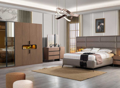 Brown Bedroom Wood Furniture Textile Bed Bedside tables Chest of drawers Wardrobe